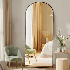 Full Length Black Arched Mirror with Stand 64"x21" Floor Standing Aluminum Frame